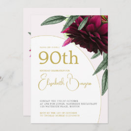 Convite 90 Birthday Floral Dourado Monograma Elegante