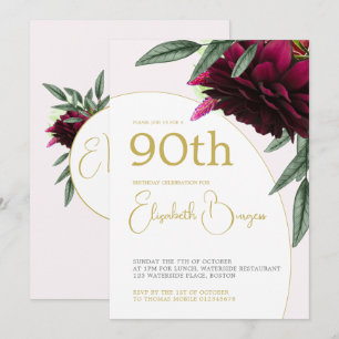 Convite 90 Birthday Floral Dourado Monograma Elegante
