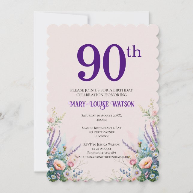 Convite 90 Birthday Floral Pink e Puro (Frente)
