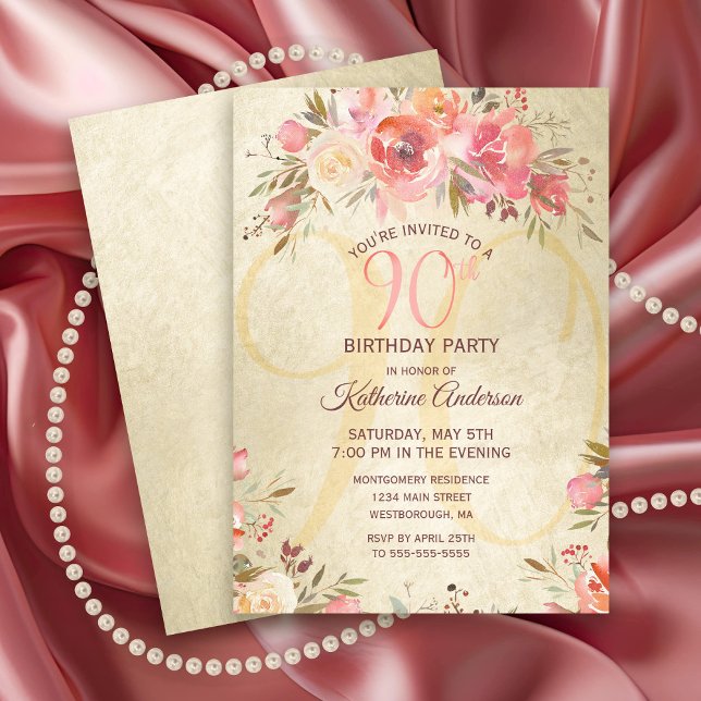 Convite 90 Birthday Floral Pink Roses Douradas Shimmer Par (Elegant 90th Birthday Party Invitation with pink roses and gold shimmer.)