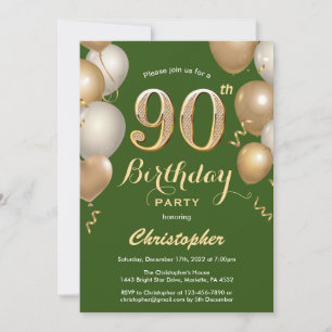 Convite 90 Birthday Green e Dourados Balões Confetti