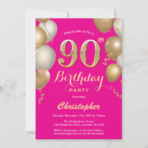 Convite 90 Birthday Hot Pink e Balões Dourados Confetti