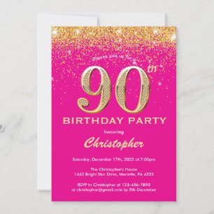 Convite 90 Birthday Hot Pink e Dourado Glitter Confetti