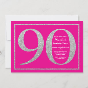 Convite 90 Birthday Hot Pink e Silver Gliter