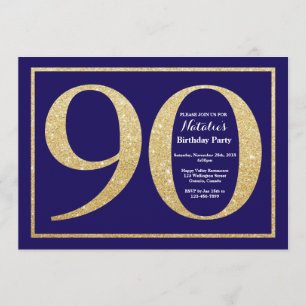 Convite 90 Birthday Marinho Azul e Dourado Brilho