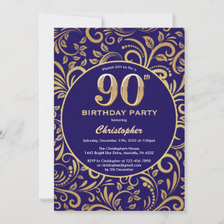 Convite 90 Birthday Marinho Azul e Dourado Padrão Floral