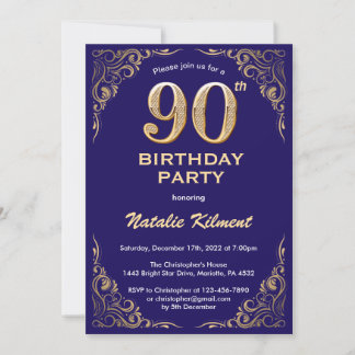 Convite 90 Birthday Marinho Azul e Dourado Quadro Glitter