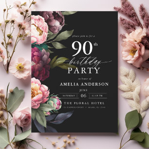 Convite 90 Birthday Modern Moody Burgundy Blush Floral