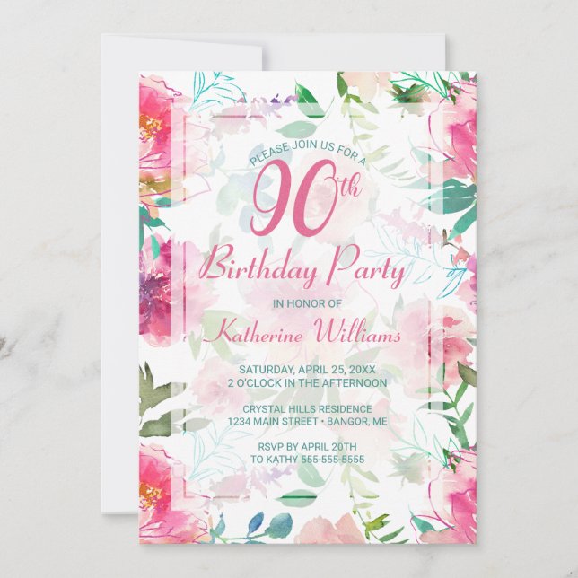 Convite 90 Birthday - Partido Tropical Floral Rosa (Frente)