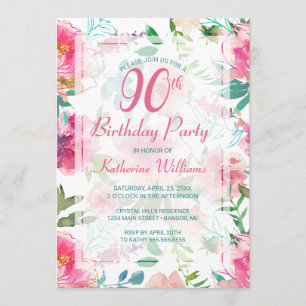 Convite 90 Birthday - Partido Tropical Floral Rosa