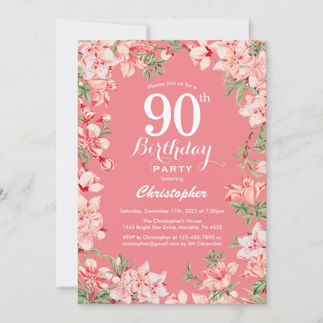 Convite 90 Birthday Pink Boho Flor Botânico (Frente)