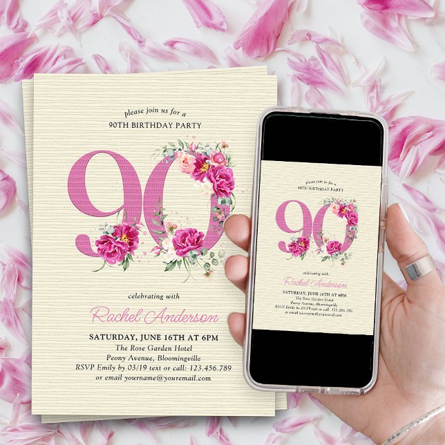 Convite 90 Birthday Pink Peony Floral Número 90 (90th Birthday Invitation with pink floral number 90 - elegant vintage design with roses and peonies)