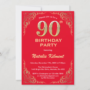 Convite 90 Birthday Red and Dourado Glitter Frame