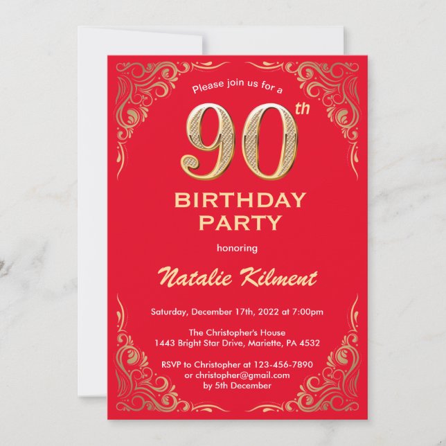 Convite 90 Birthday Red and Dourado Glitter Frame (Frente)
