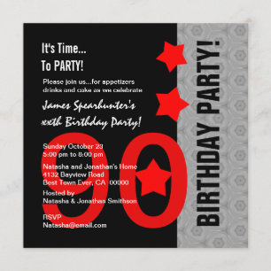 Convite 90 Birthday Red Silver Black Funny A04A