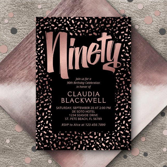 Convite 90 Birthday Rosa Dourada Confetti (Criador carregado)