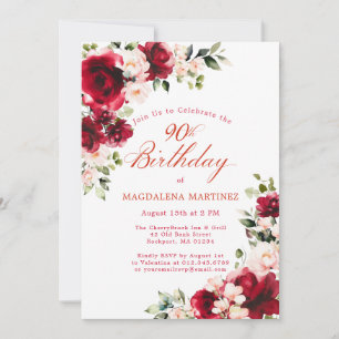 Convite 90 Birthday Rosa vermelha Rosa Peony Floral
