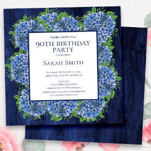 Convite 90 Birthday Rustic Wood Blue Hydrangeas Party