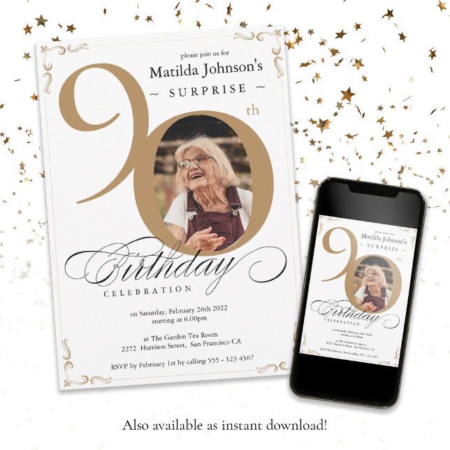 Convite 90 Birthday Surpresa Dourada Foto Elegante branca (90th Birthday Surprise Gold white Elegant Photo Invitation)