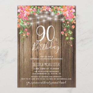 Convite 90 Birthday Surprise Brunch Rustic Floral Wood