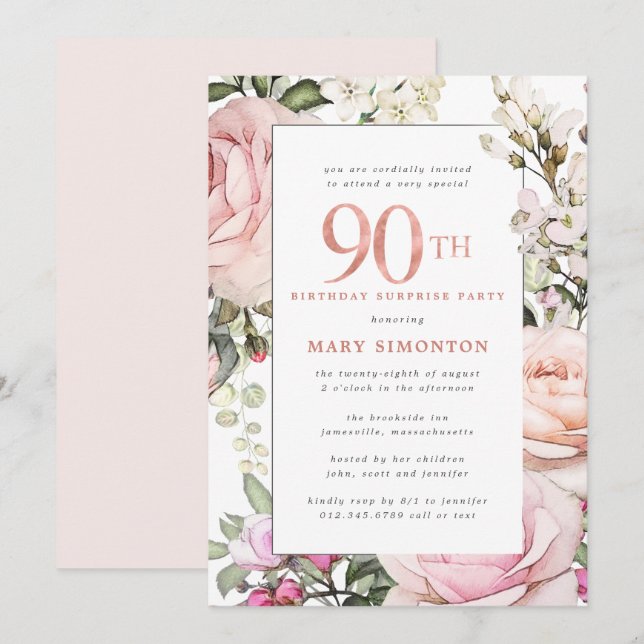 Convite 90 Birthday Surprise Party Blush Pink Floral (Frente/Verso)