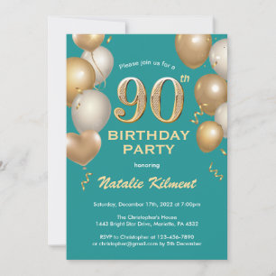 Convite 90 Birthday Teal e Dourados Balões de Louro
