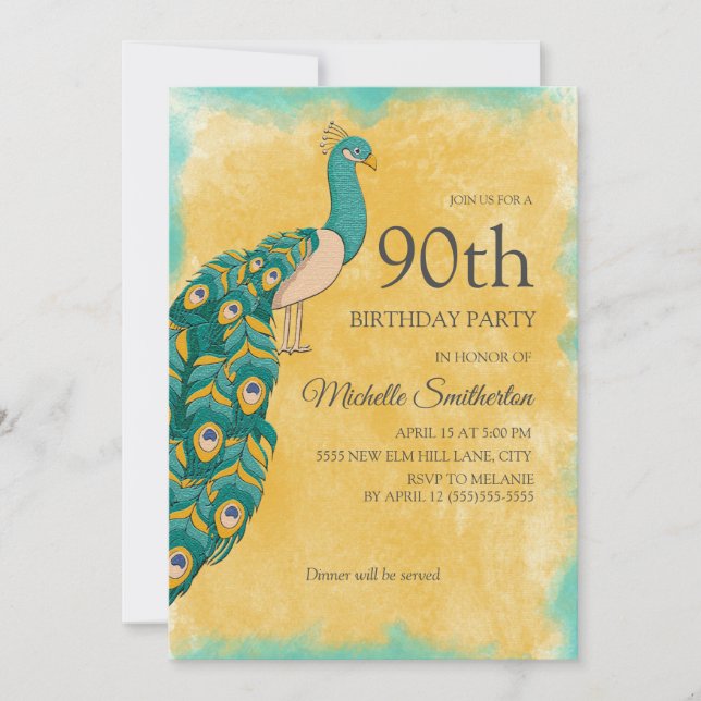 Convite 90 Birthday Teal Yellow Watercolor Peacock (Frente)