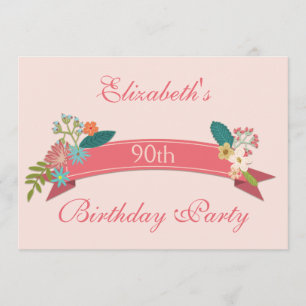 Convite 90 Birthday Vintage Flowers Banner Rosa