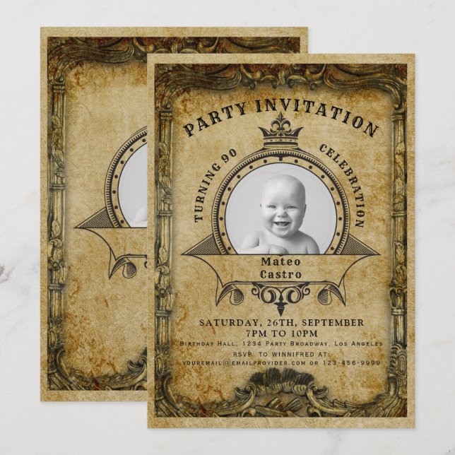 Convite 90 Birthday Vintage Retro Photo Surprise Party (Frente/Verso)