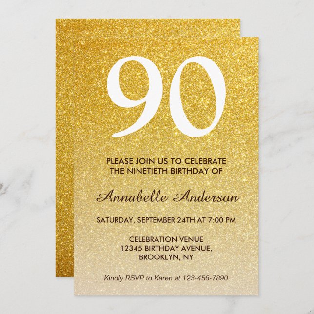 Convite 90 Birthday Yellow Dourado Glitter Sparkle Ombre (Frente/Verso)