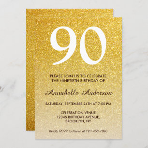 Convite 90 Birthday Yellow Dourado Glitter Sparkle Ombre