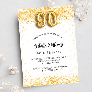 Convite 90 de aniversário branco dourado elegante