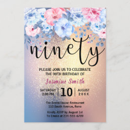 Convite 90 de Aniversário do Moderno Floral Dourado