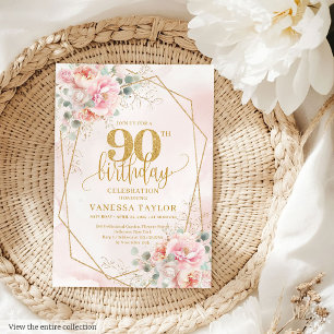 Convite 90 de Aniversário do Pastel Dourado Rosa Clássico