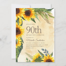 Convite 90 de Aniversário do Rustic Yellow Sunflower