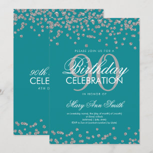 Convite 90 de Aniversário do Teal Silver Confetti