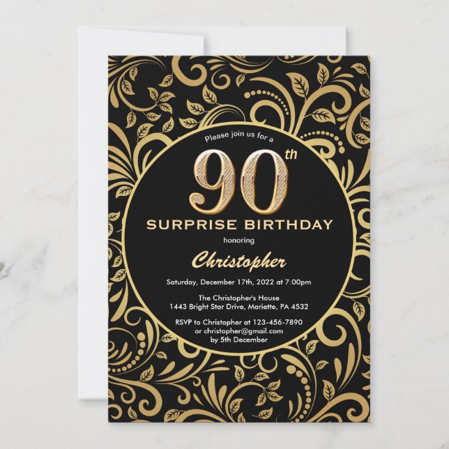 Convite 90 de Aniversário Negro e Dourado (Frente)
