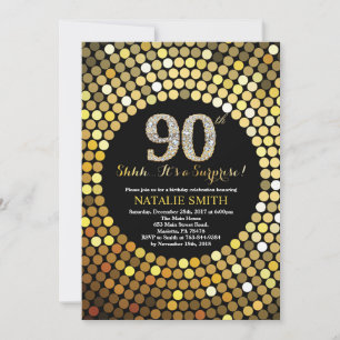 Convite 90 de Aniversário Surpresa Preto e Dourado Brilho