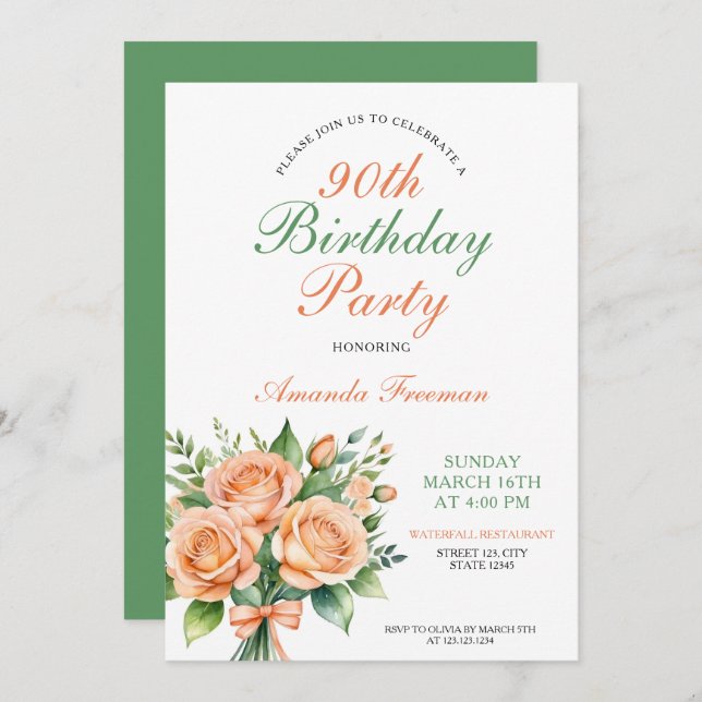 Convite 90 de Rosa de Pêssego de Aquarela (Frente/Verso)