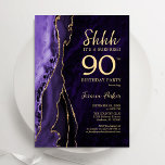 Convite 90 de Surpresa Dourada Roxo<br><div class="desc">O roxo e o ouro agitam o convite de aniversário 90 surpresa. Elegante design moderno com aquarela agate marble geode background, faux glitter gold e typografia script font. Trendy convida o cartão perfeito para uma comemoração de dia das mulheres na moda. Impressos convites Zazzle ou modelo de impressão digital instantânea...</div>