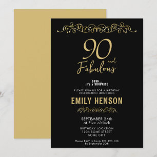 Convite 90 e Fabuloso Enfeite Dourado Aniversário de 90 an
