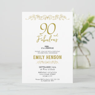 Convite 90 e Fabuloso Enfeite Dourado Aniversário de 90 an