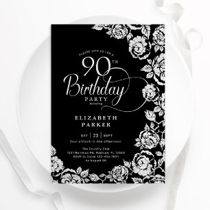 Convite 90 Elegante Rosas de Prata Negra de Aniversário