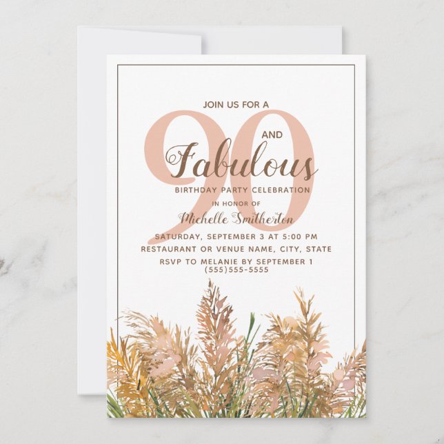 Convite 90 Fabuloso Capim das Pampas em Branco Aniversário (Frente)