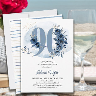 Convite 90 Festa de aniversário Azul Costeiro Número Flora