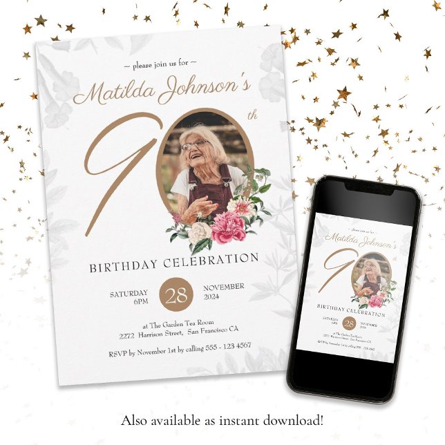 Convite 90 Floral, Aniversário, Branco, Dourado, Personali (Floral 90th Birthday White Gold Botanical Custom Invitation)