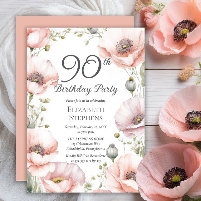 Convite 90 Floral das Populações Rosa Elegante (Boho Elegant Pale Pink Poppies Floral 90th Birthday Party Invitation - Print | Digital Download)