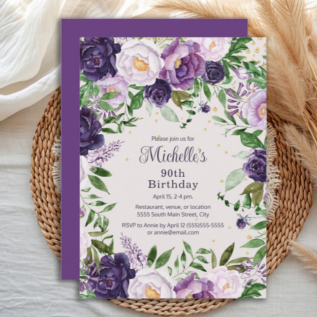 Convite 90 Floral de Lavanda Roxo Elegante (Elegant purple and lavender watercolor floral 90th birthday party invitation)