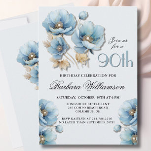 Convite 90 Floral Dourado Azul Elegante com Aquarela Anive