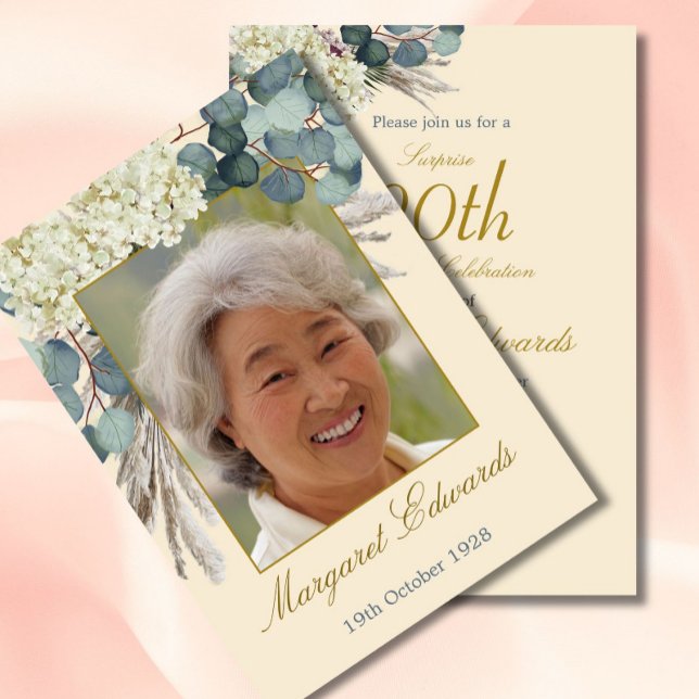 Convite 90 Floral Neutral Creme Elegante Foto Aniversário (Criador carregado)